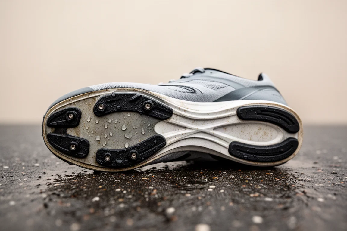 Semelle extérieure d'une chaussure de running avec couverture en caoutchouc à l'avant-pied et au talon, posée sur un sol mouillé