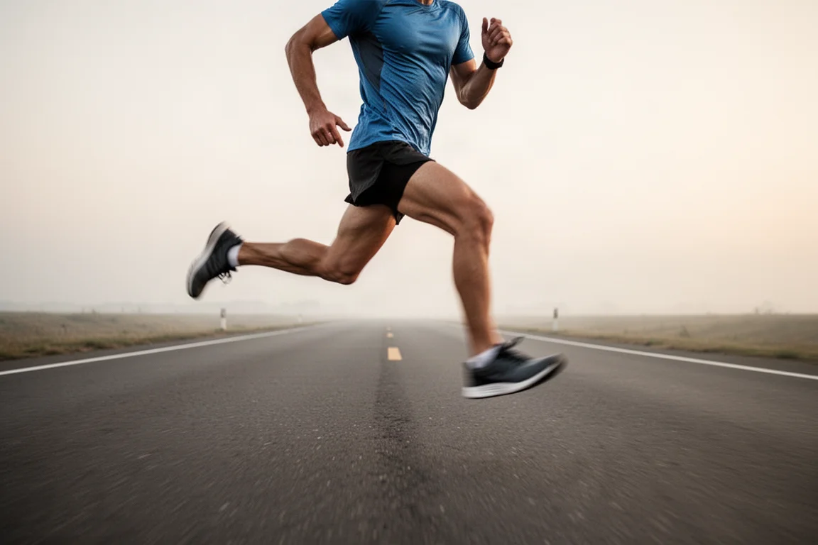 Coureur en pleine foulée sur route ouverte, à allure soutenue, lors d'une longue séance au tempo