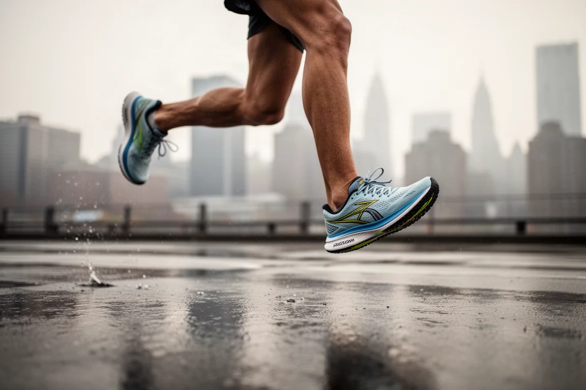 Un runner allaccia una scarpa da gara con placca in carbonio prima di un allenamento al mattino presto