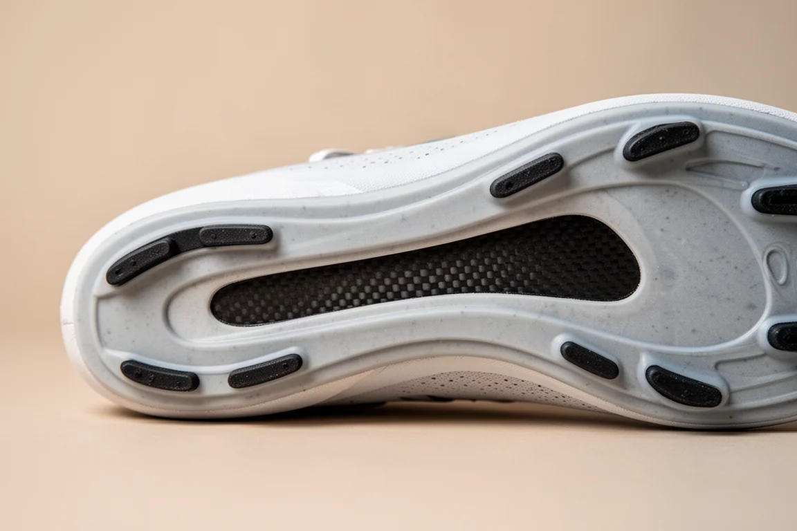 Primo piano di un spesso midsole in schiuma PEBA bianca scolpita, con placca visibile