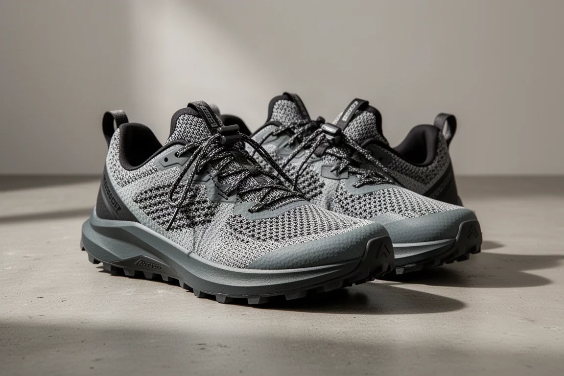 Coppia di leggere scarpe da trail running grigie su una superficie di cemento opaco