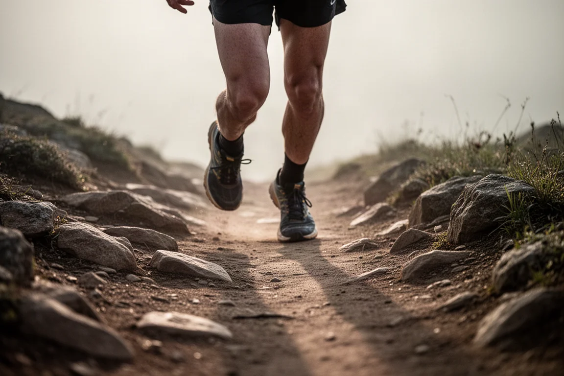 Trail runner in andamento veloce su un sentiero di ghiaia compatta nella luce morbida del mattino