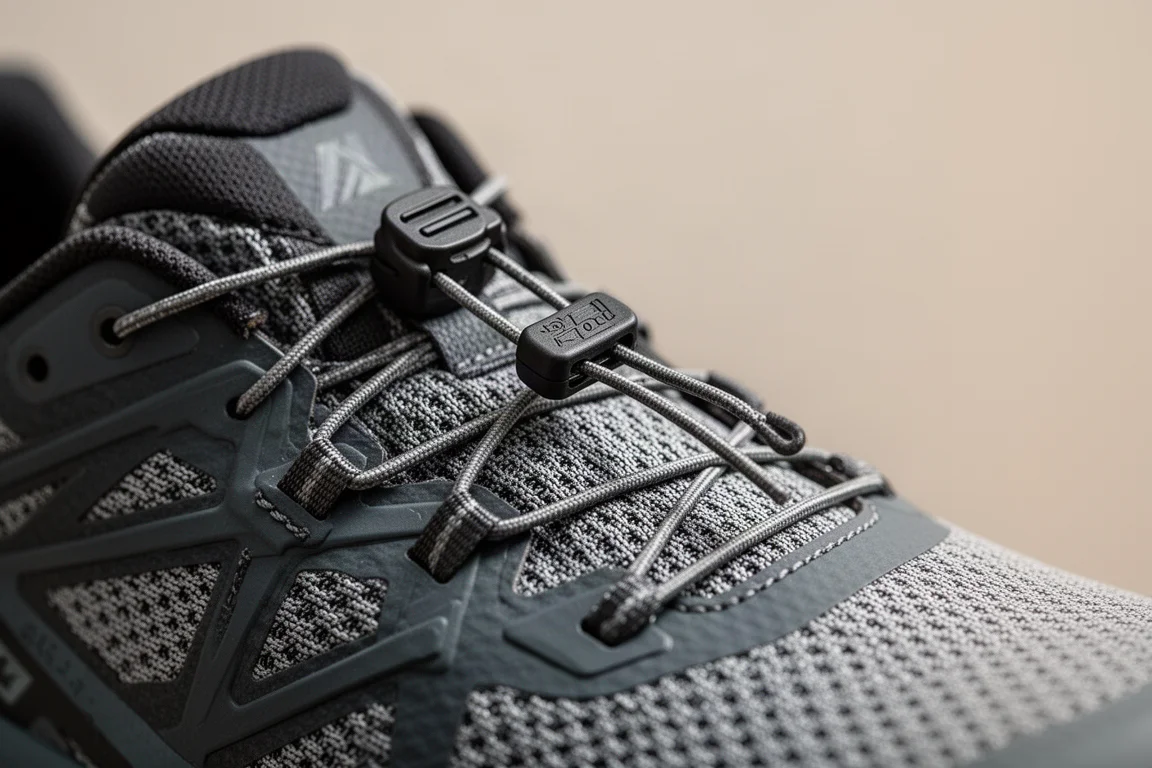 Primo piano del sistema di allacciamento a strappo rapido e della lingua a soffietto su una scarpa da trail