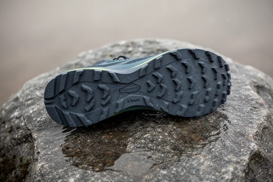 Suola esterna di una scarpa da trail con tasselli bassi multidirezionali su superficie rocciosa