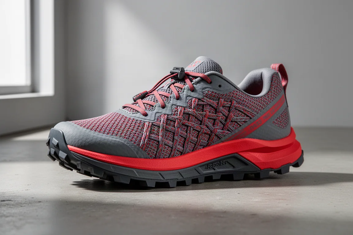 Scarpa da trail running Salomon S/LAB Pulsar 4 con midsole rossa su superficie in cemento