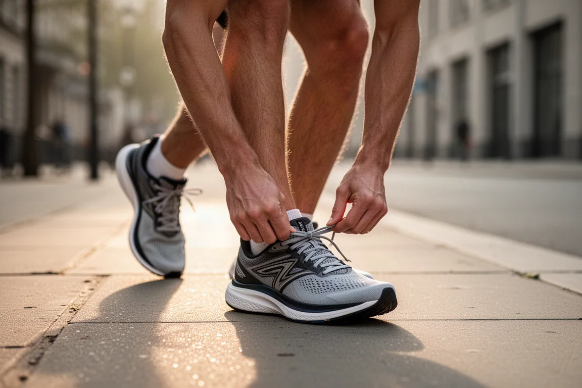 Corredor atándose una zapatilla de asfalto en una acera urbana antes de un entrenamiento matutino