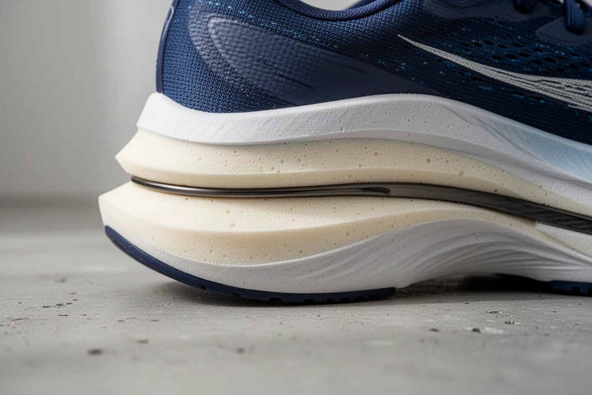 Primo piano di una spessa intersuola da running a doppia densità che mostra il profilo rocker