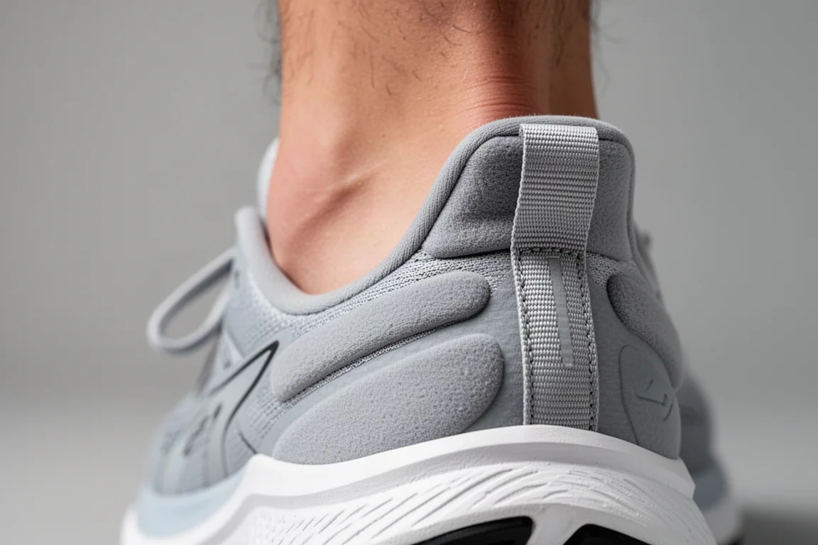 Tallone del runner in un collo imbottito di una scarpa da running con linguetta estesa