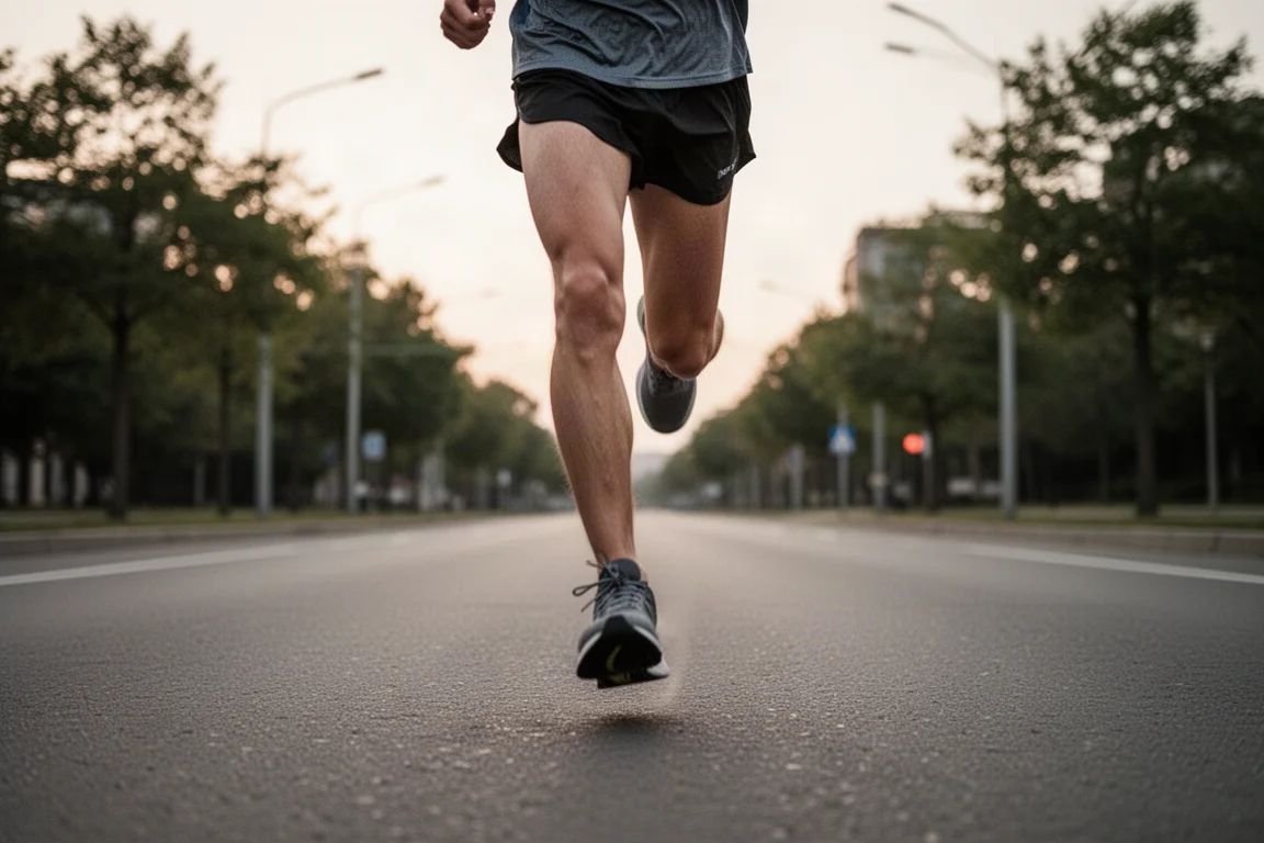 Runner che tiene il ritmo maratona su una strada aperta nella luce morbida della sera