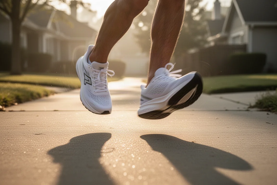 Pieds d'un coureur sur route se posant sur un trottoir éclairé par le soleil matinal, en chaussures de running blanches