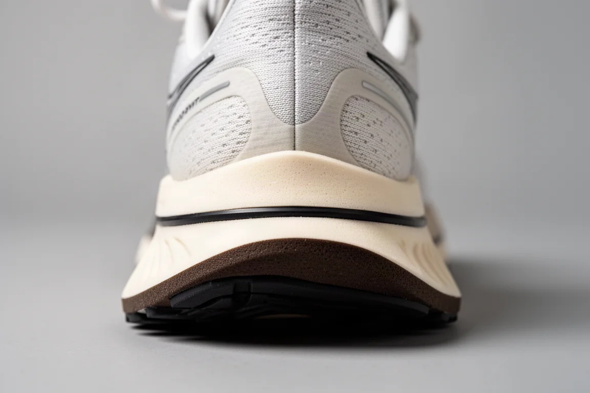 Gros plan sur le talon évasé d'une semelle intermédiaire à deux couches d'une chaussure de running