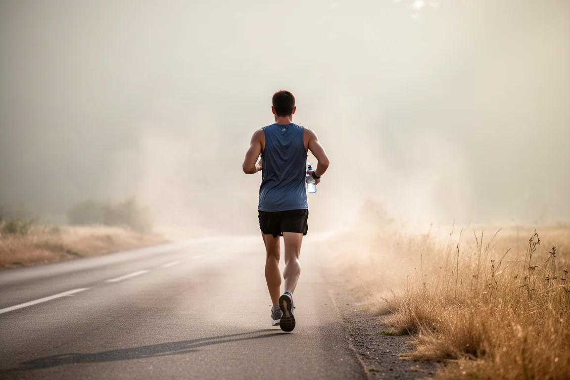 Coureur tenant une gourde sur une route chaude en été lors d'une sortie longue