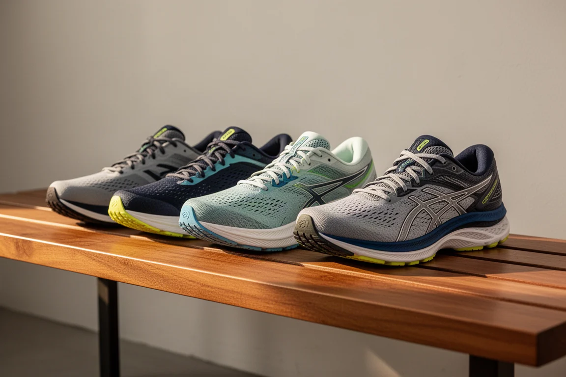 Chaussures de running à plaques alignées sur un banc en bois après une sortie