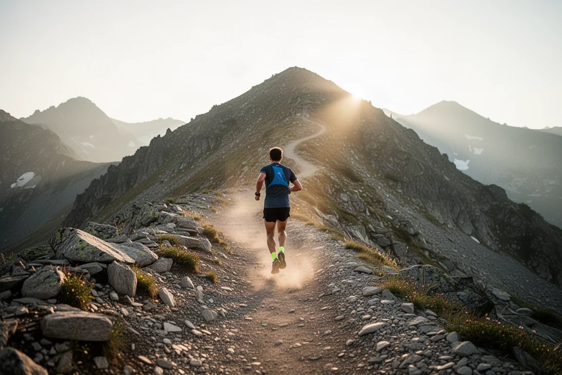 Trailrunner auf einem steinigen Bergpfad bei sanftem Morgenlicht