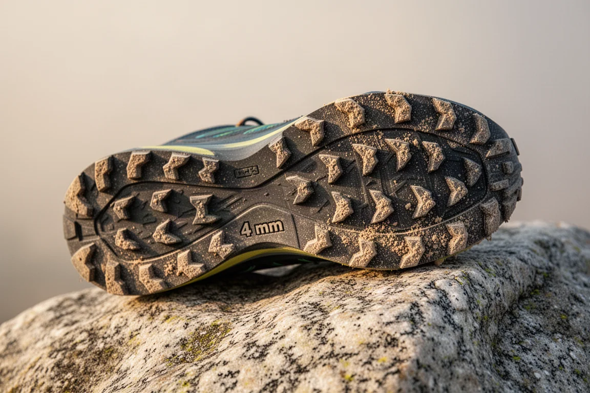 Buitenzool van een trailschoen met 4 mm rubberen noppen op stoffig terrein
