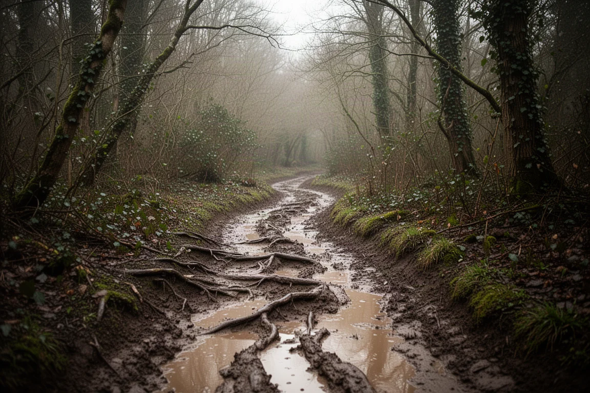 Schlammiger Trail, der sich durch dichten Wald im sanften, bewölkten Licht windet