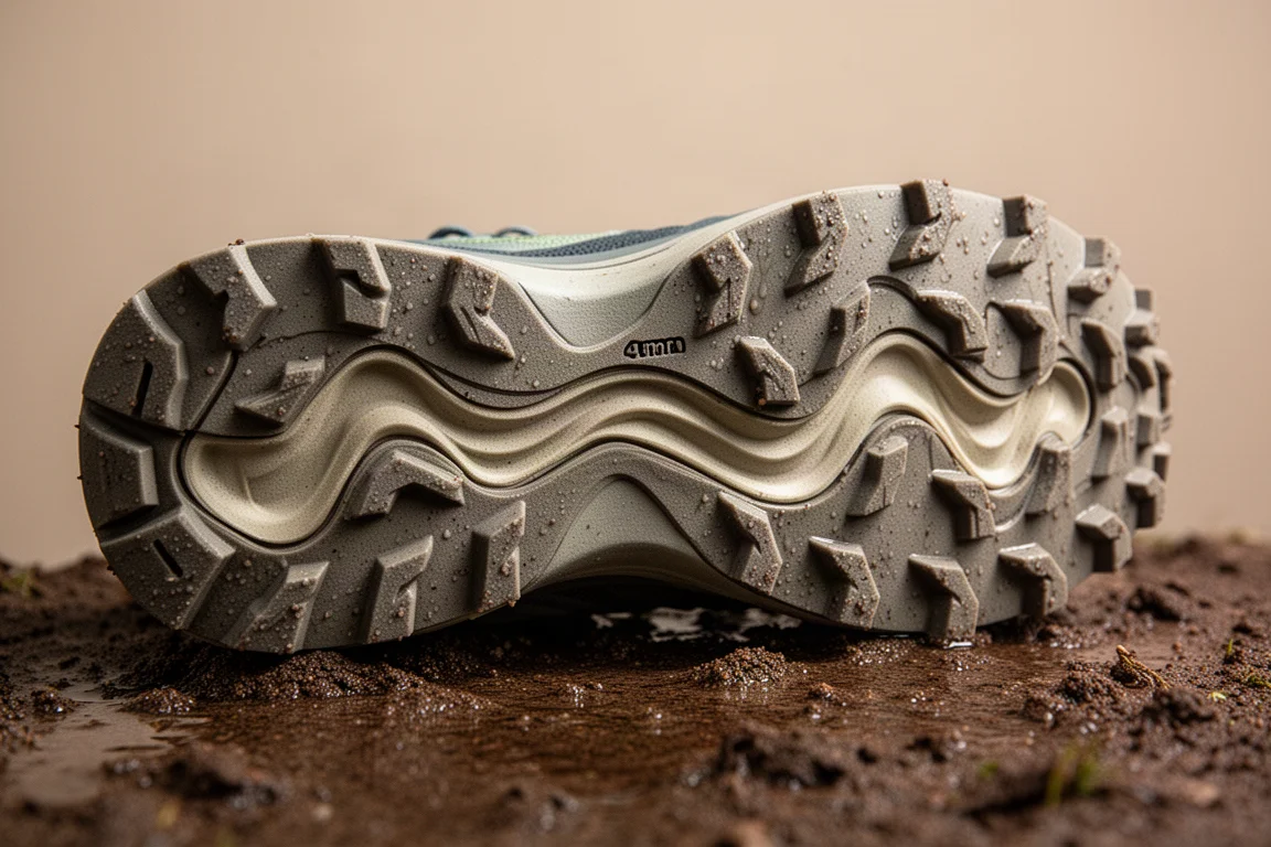 Nahaufnahme einer gewellten, skulptierten Schuhsohle mit 4mm-Stollen auf nassem Untergrund
