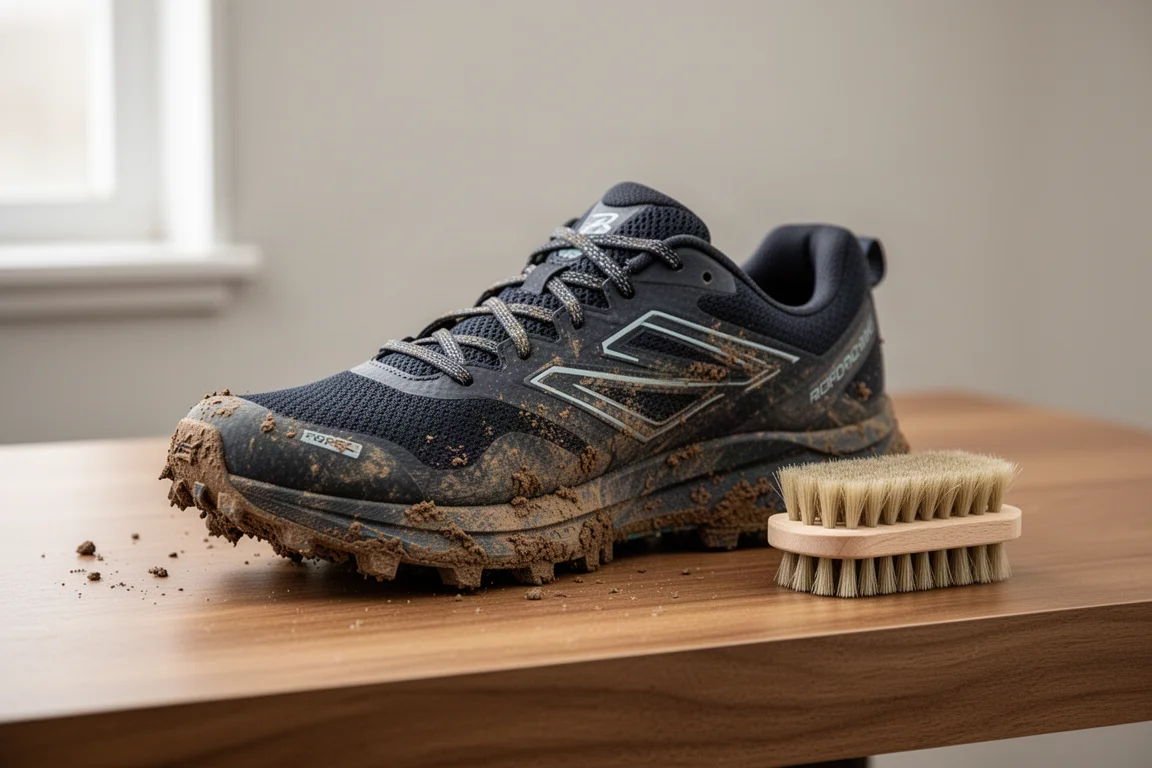 Einzelner Trailschuh nach einem Schlamm-Trocknen-Lauf, Schlammspuren auf dem Obermaterial