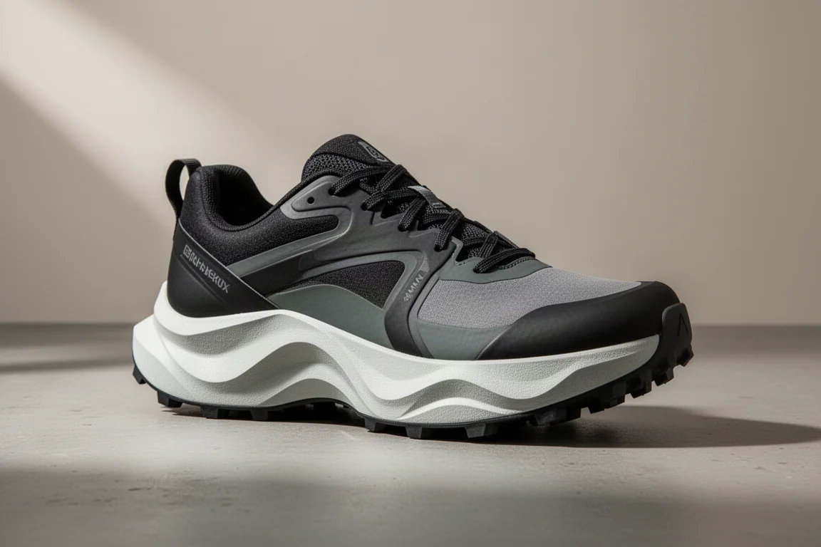 Scarpa da trail running con intersuola scolpita ondulata e suola con tasselli da 4mm su cemento