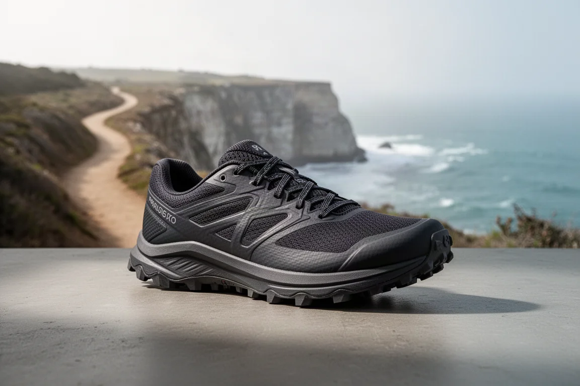 Scarpa da trail running molto ammortizzata fotografata su cemento con sentiero costiero sullo sfondo