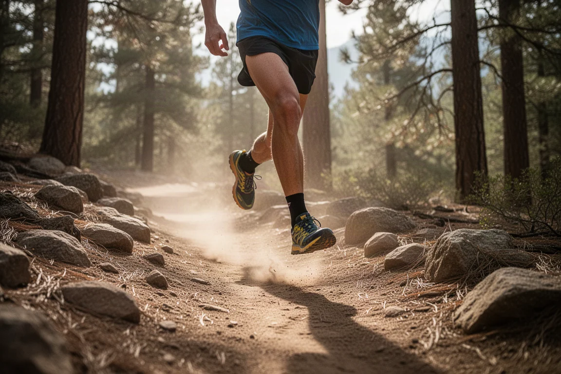 Trail runner on a rocky singletrack path with sunlight filtering through trees
