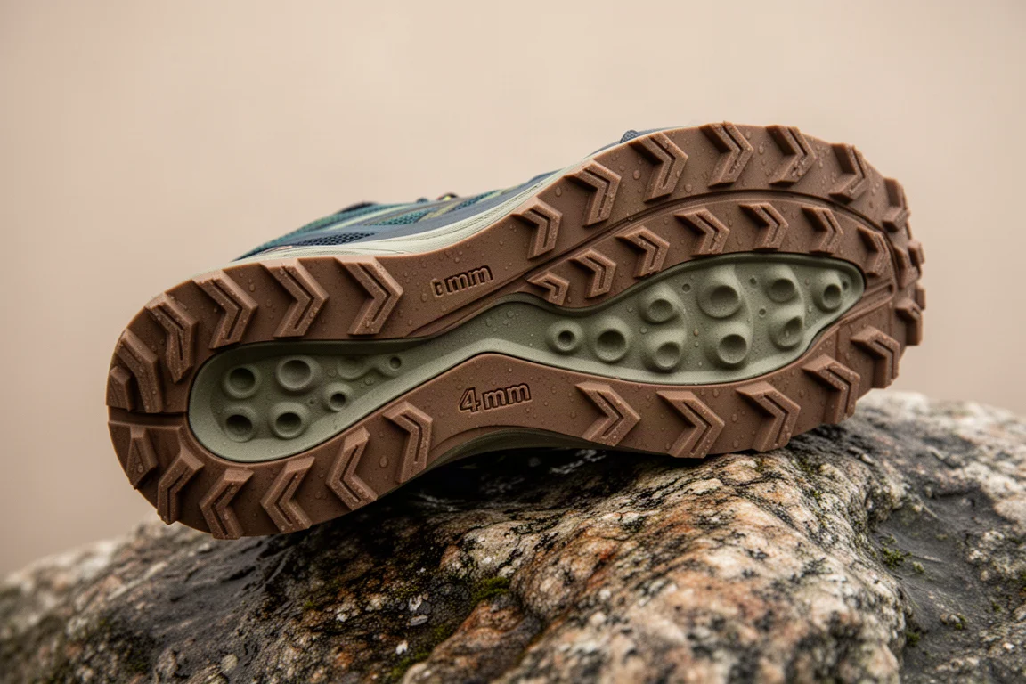 Close-up of chevron lugs on a trail shoe outsole gripping a wet rock