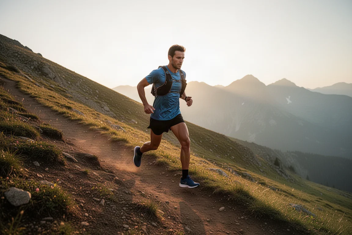 Runner power hiking up a steep dirt incline at golden hour