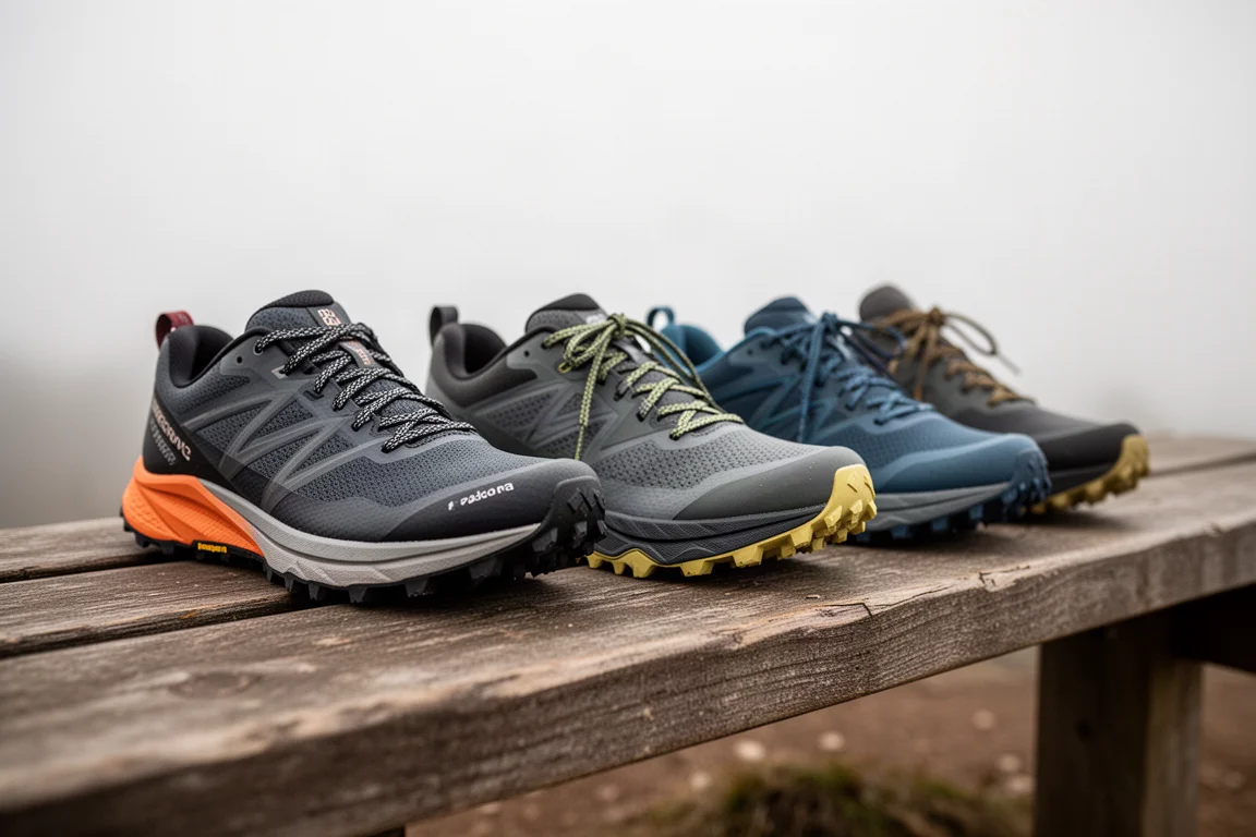 Three pairs of trail running shoes lined up on a wooden bench outdoors