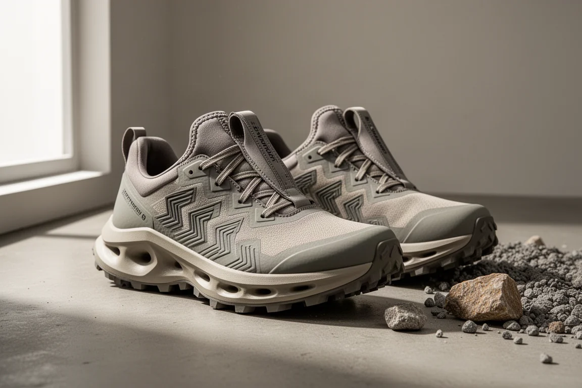 Paar gedämpfter Trailrunningschuhe mit tiefen Stollen auf einer Betonoberfläche