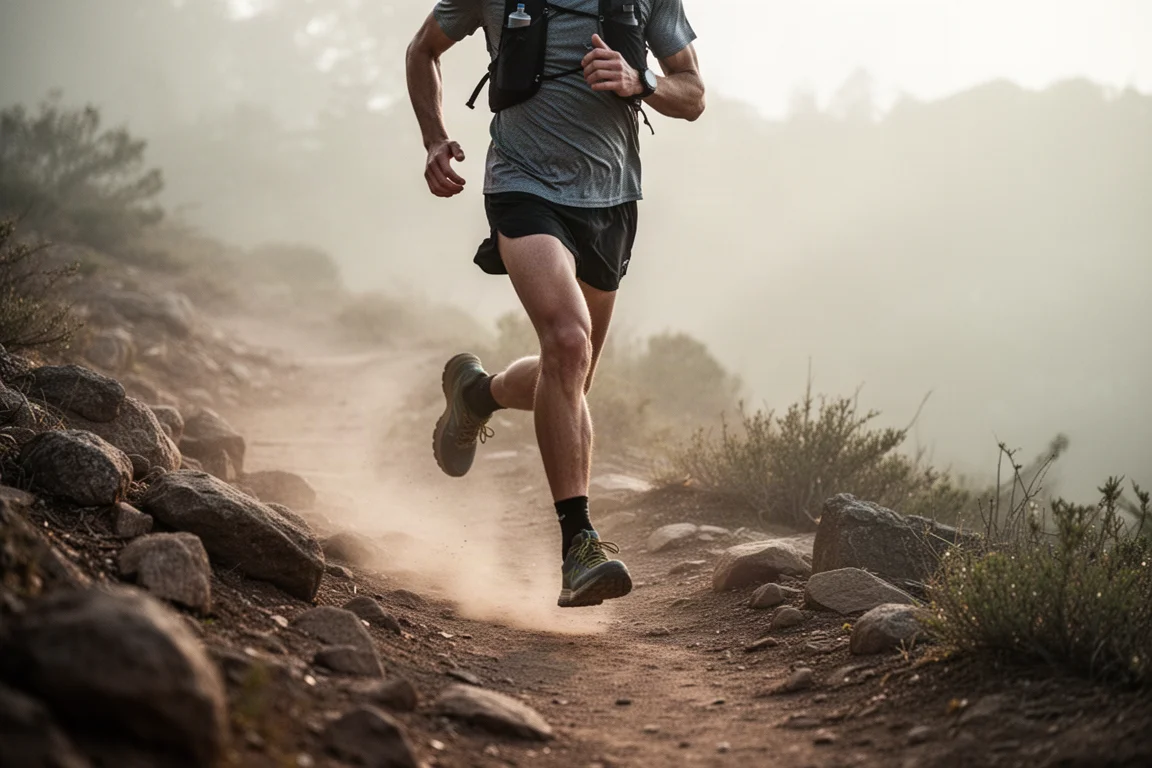 Trail runner che corre su un sentiero sterrato roccioso nella luce morbida del mattino