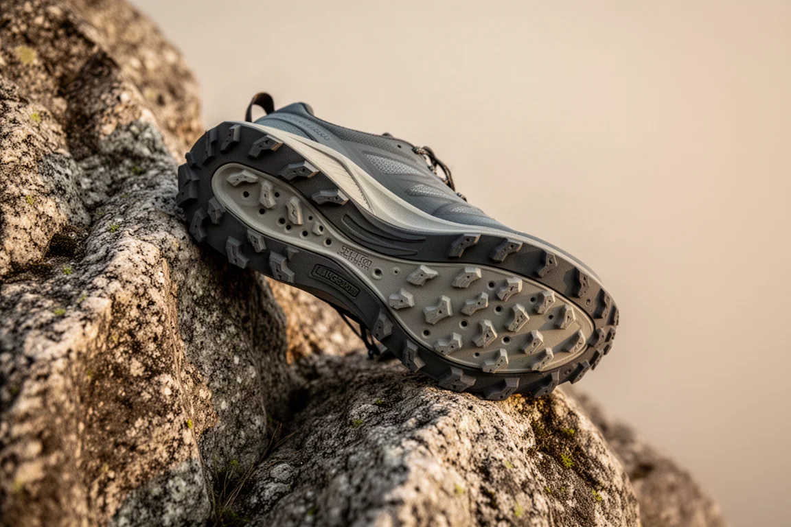 Suola di una scarpa da running appoggiata su roccia di granito ruvida
