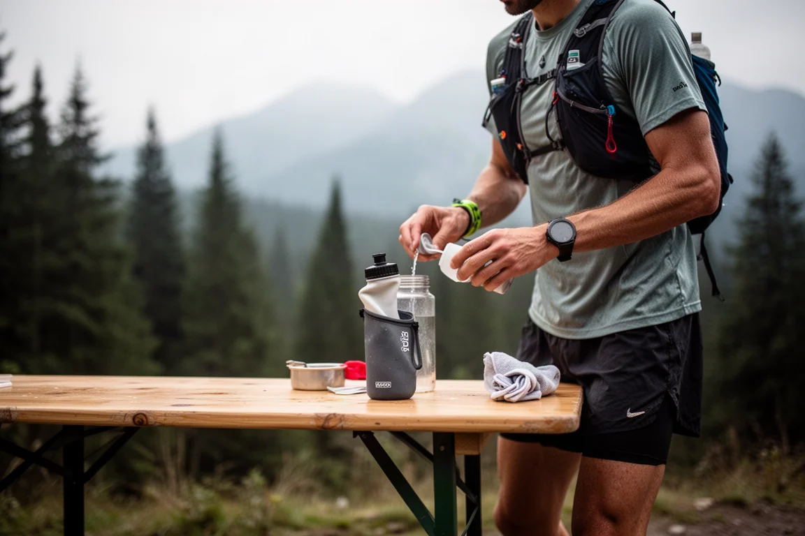 Runner che riempie le borracce a un ristoro durante una lunga ultramaratona