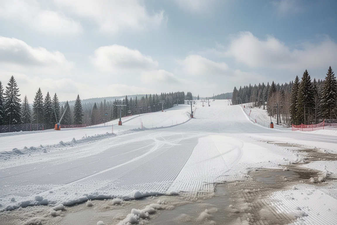 Vårförhållanden på en preparerad backe med ett tunt lager nysnö över fast pisterå