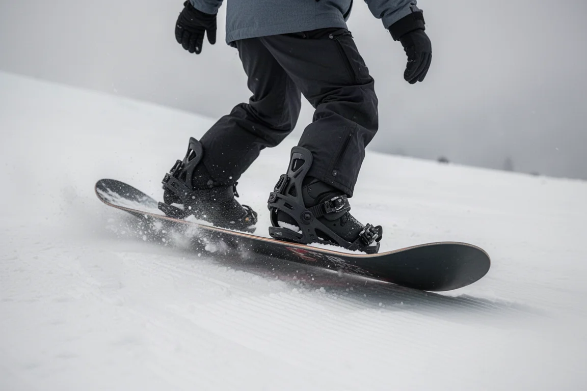 Snowboardåkare som trycker brädets svans ner i preparerad snö med brädet böjt