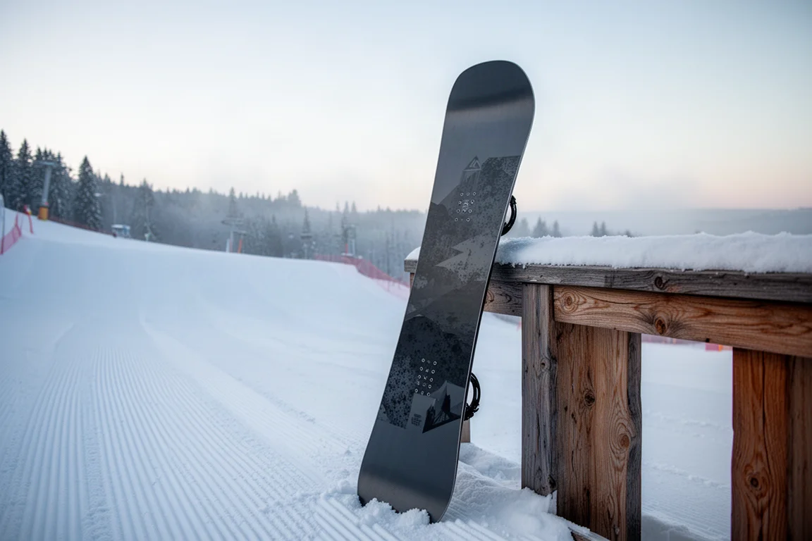 Park snowboard leaning against a snow-covered timber railing with a groomed slope behind