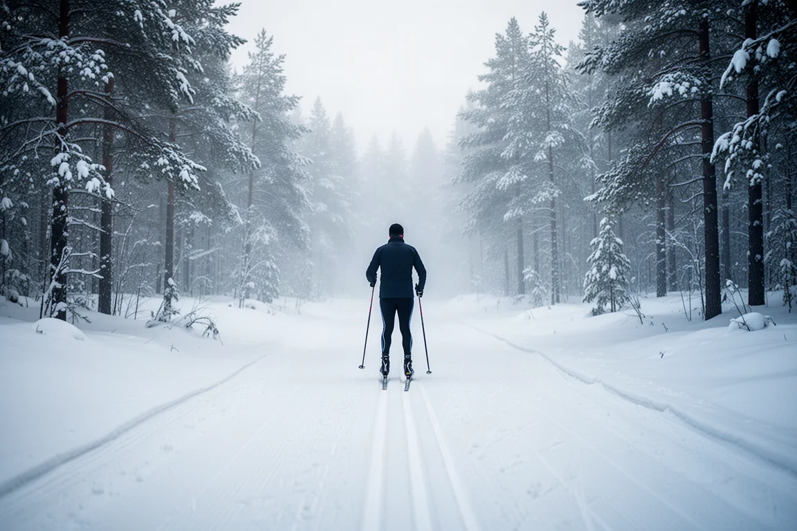 Cross-country skier gliding along a groomed classic track through a snowy pine forest