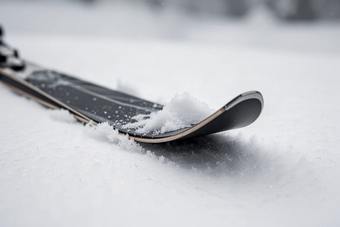 Close-up of a classic ski tip pressing into soft powder snow