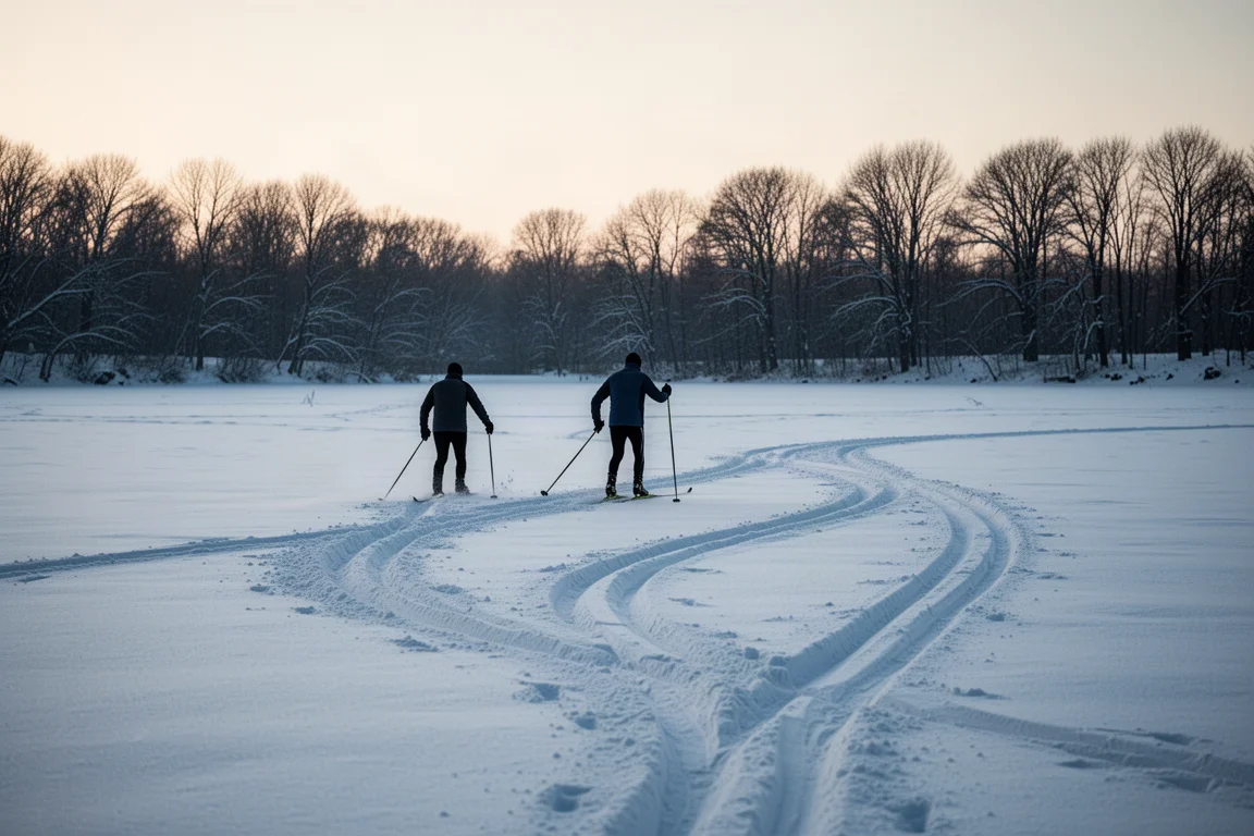 Skier breaking trail across an open snow-covered field at dusk