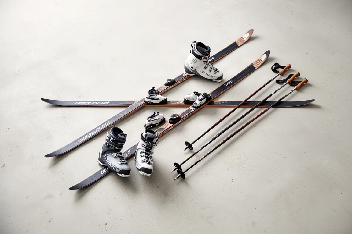 Overhead flat-lay of a complete cross-country ski setup on concrete