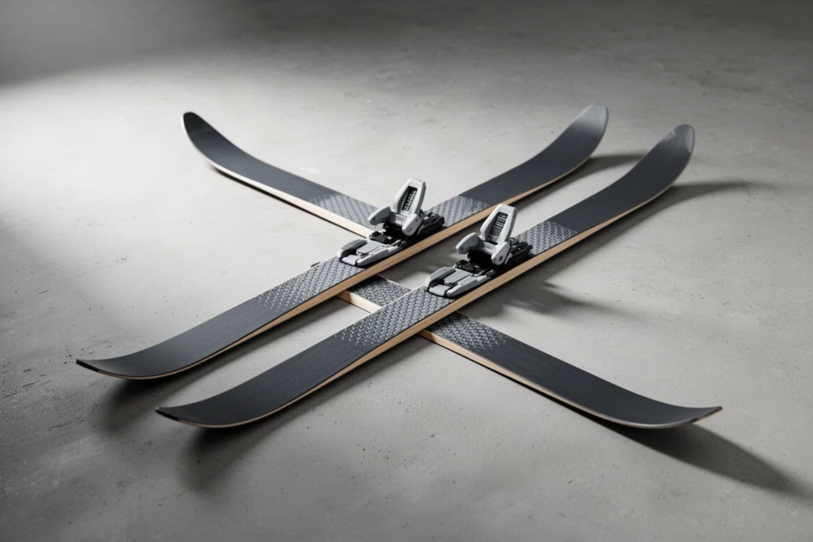 Pair of classic cross-country skis with step-in bindings on a concrete surface