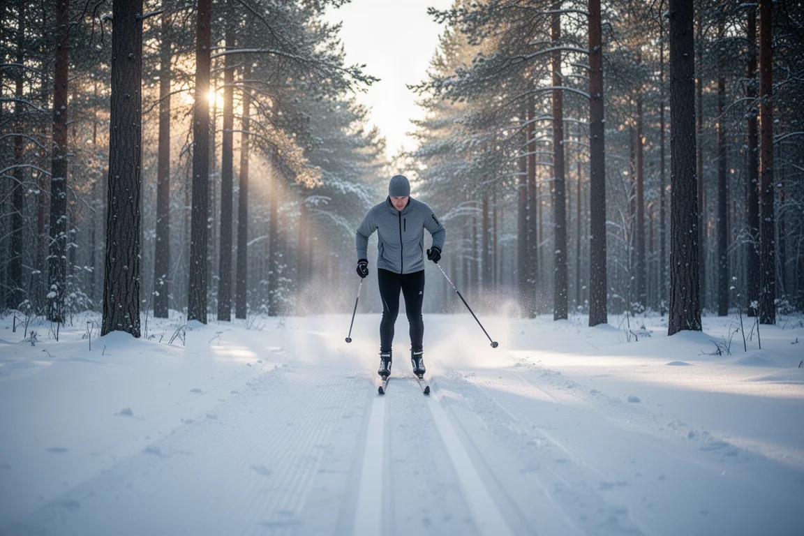 Cross-country skier gliding along a groomed classic track through a snowy pine forest