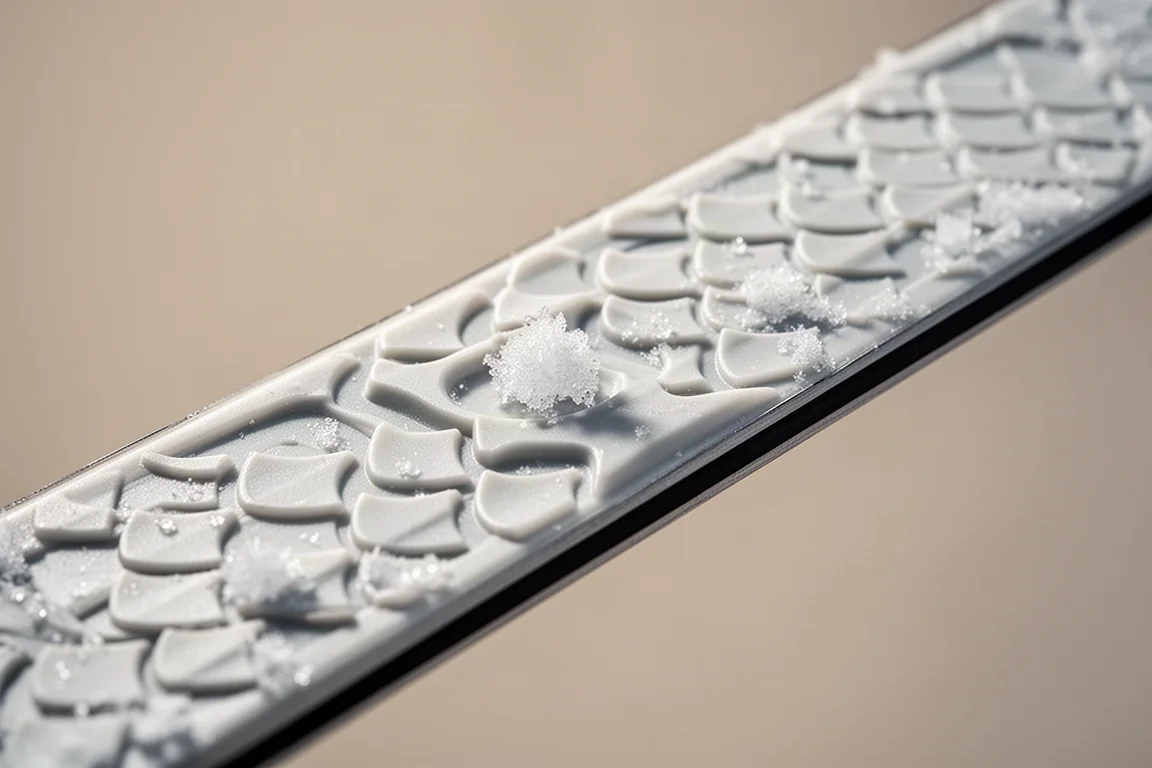 Close-up of the fish-scale grip pattern on a cross-country ski base with snow crystals