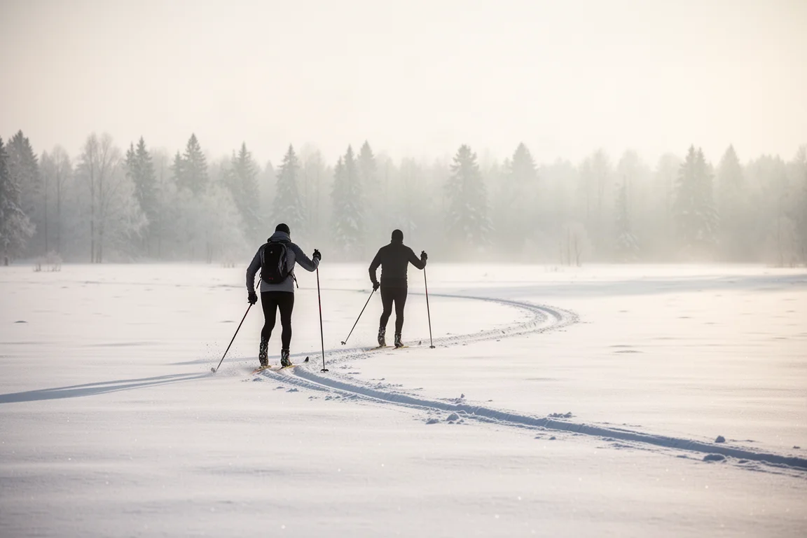 Skier breaking trail through untouched snow in an open meadow at low winter sun