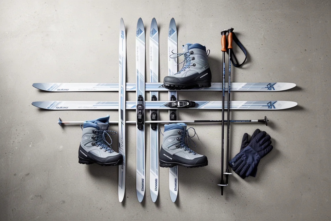 Overhead flat-lay of a complete cross-country ski setup on a concrete surface