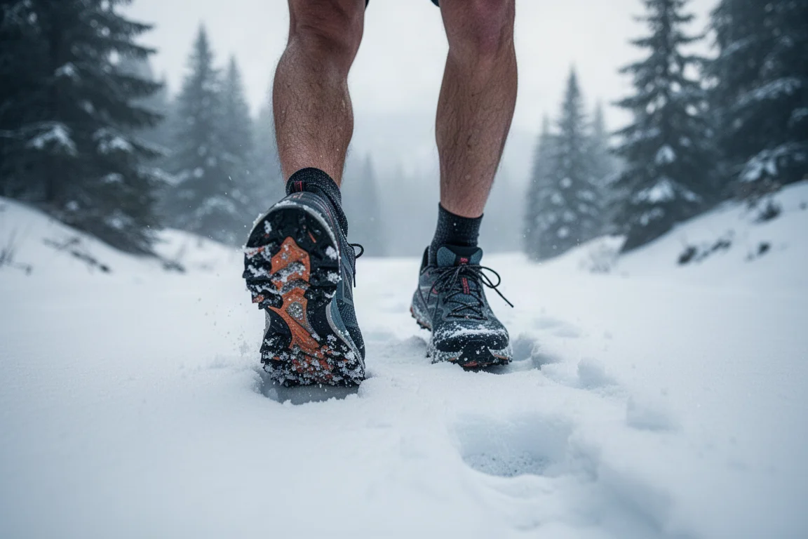 Trail runner's feet crossing a snowy hardpack trail in winter conditions