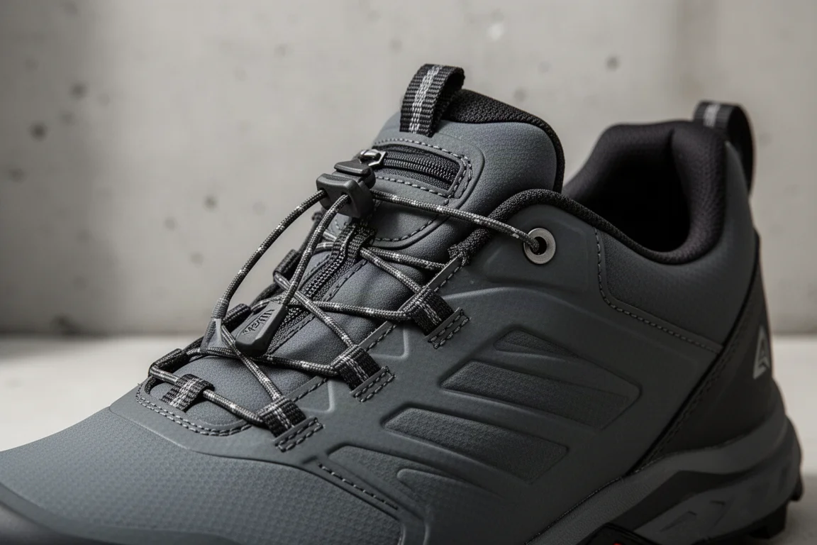 Close-up of welded waterproof upper and cinch-cord lacing on a winter trail shoe