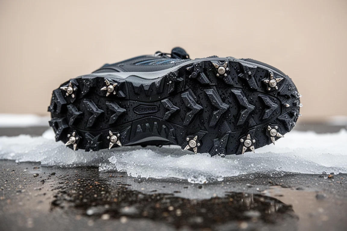 Aggressive lugged outsole with embedded metal spikes resting on icy ground