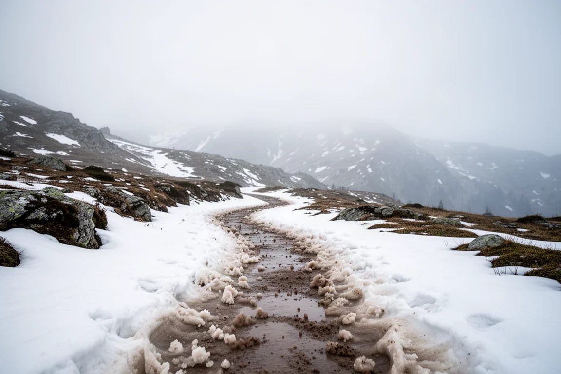 Winter trail winding through snowy terrain on a cold overcast day