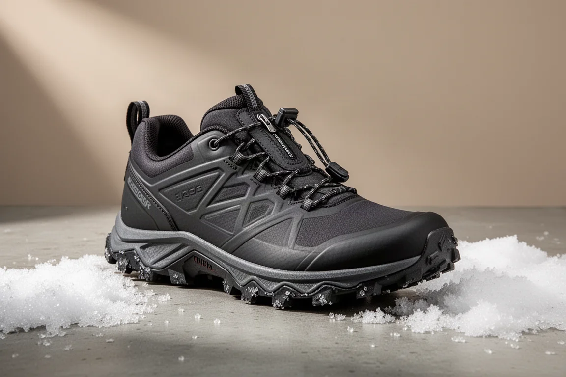 Rugged winter trail running shoe with lugged outsole on a concrete surface