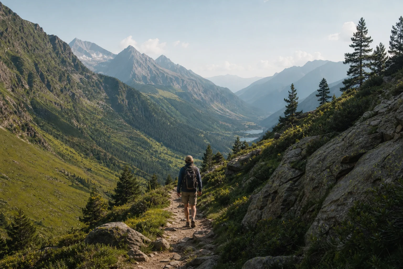 Wanderer auf einem Bergpfad mit malerischem Blick auf das Tal in der Ferne
